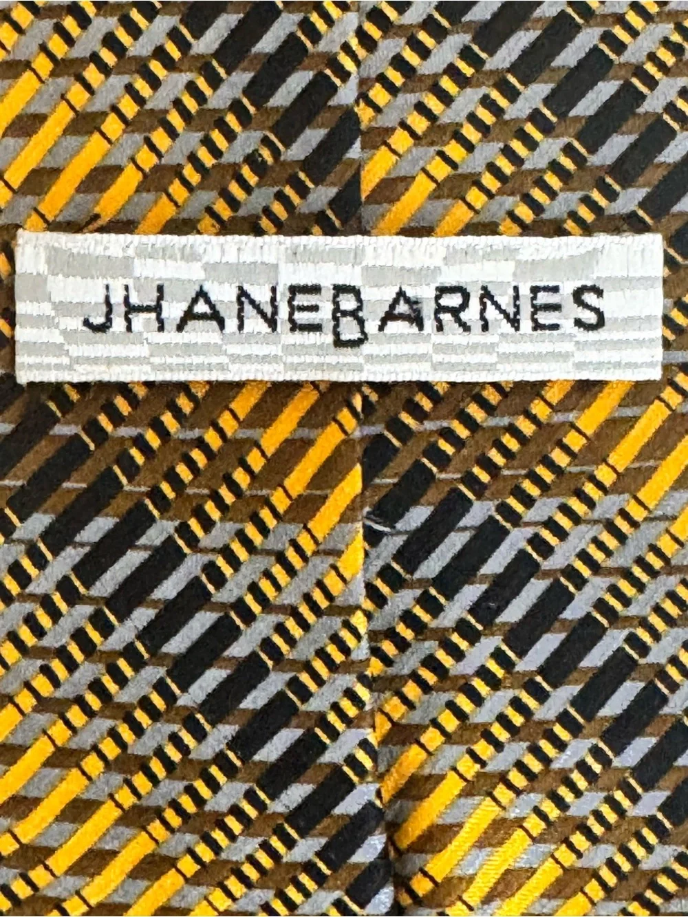 JHANE BARNES Mens 100% Silk Necktie JAPAN Designer Geometric Gold/Brown/Blue EUC